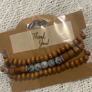 Wood Bead Stretch Bracelet Set with Marble Accent - Brown